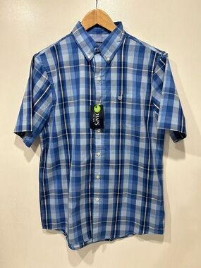 Chaps Men’s Blue Plaid Short Sleeve Button Down Shirt Size M Cotton Blend NWT